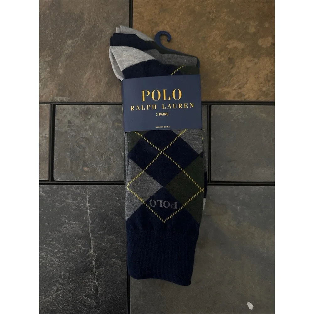 NWT 3 PAIRS POLO RALPH LAUREN MENS COTTON CREW DRESS SOCKS ARGYLE & SOLID